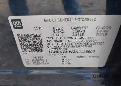 2022 Chevrolet Traverse Awd Lt Cloth from USA, damaged, VIN 1GNEVGKW3NJ115900